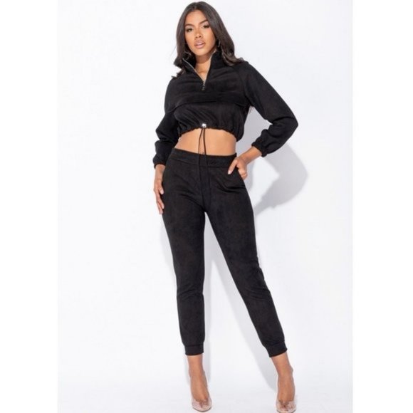 Pants - Black Suede Long Sleeve High Neck Crop Top and Jogger Pants Two Piece Set